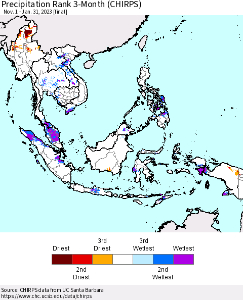 South East Asia Precipitation Rank since 1981, 3-Month (CHIRPS) Thematic Map For 11/1/2022 - 1/31/2023