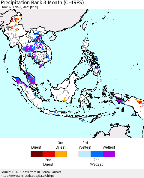 South East Asia Precipitation Rank since 1981, 3-Month (CHIRPS) Thematic Map For 11/6/2022 - 2/5/2023