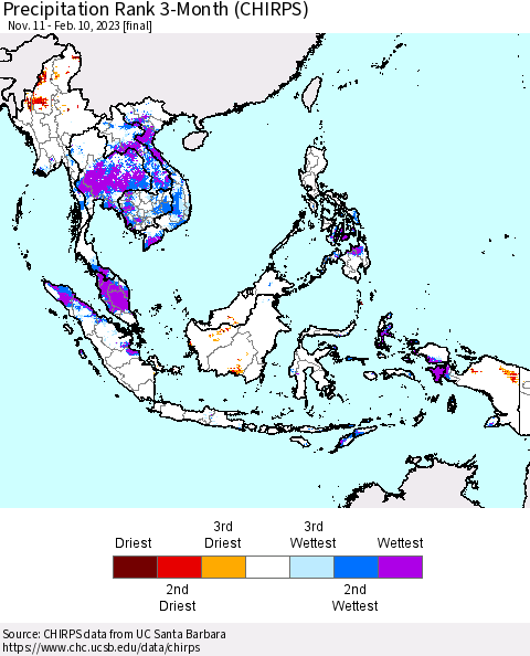 South East Asia Precipitation Rank since 1981, 3-Month (CHIRPS) Thematic Map For 11/11/2022 - 2/10/2023