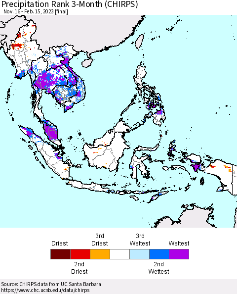 South East Asia Precipitation Rank since 1981, 3-Month (CHIRPS) Thematic Map For 11/16/2022 - 2/15/2023