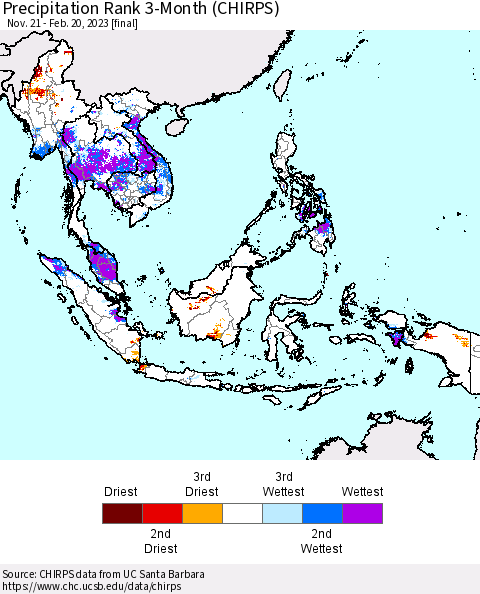 South East Asia Precipitation Rank since 1981, 3-Month (CHIRPS) Thematic Map For 11/21/2022 - 2/20/2023