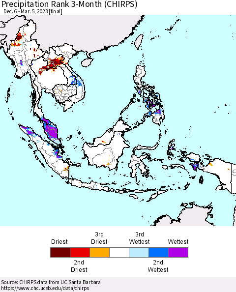 South East Asia Precipitation Rank since 1981, 3-Month (CHIRPS) Thematic Map For 12/6/2022 - 3/5/2023