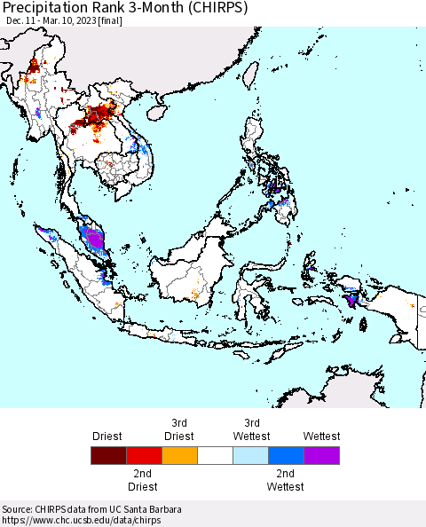 South East Asia Precipitation Rank since 1981, 3-Month (CHIRPS) Thematic Map For 12/11/2022 - 3/10/2023