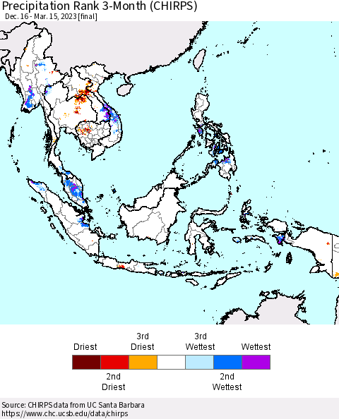 South East Asia Precipitation Rank since 1981, 3-Month (CHIRPS) Thematic Map For 12/16/2022 - 3/15/2023