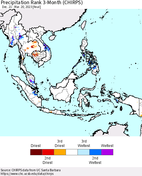South East Asia Precipitation Rank since 1981, 3-Month (CHIRPS) Thematic Map For 12/21/2022 - 3/20/2023
