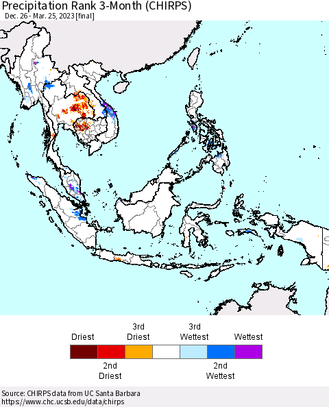 South East Asia Precipitation Rank since 1981, 3-Month (CHIRPS) Thematic Map For 12/26/2022 - 3/25/2023