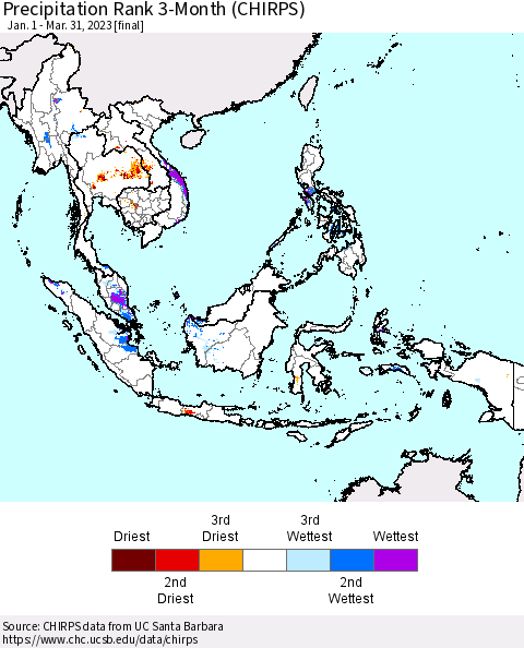 South East Asia Precipitation Rank since 1981, 3-Month (CHIRPS) Thematic Map For 1/1/2023 - 3/31/2023