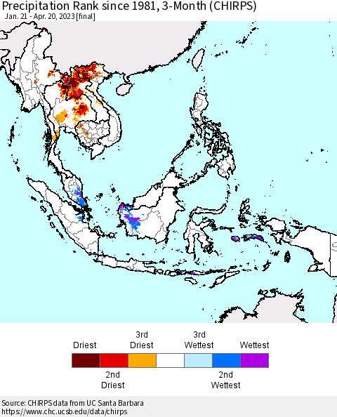 South East Asia Precipitation Rank since 1981, 3-Month (CHIRPS) Thematic Map For 1/21/2023 - 4/20/2023