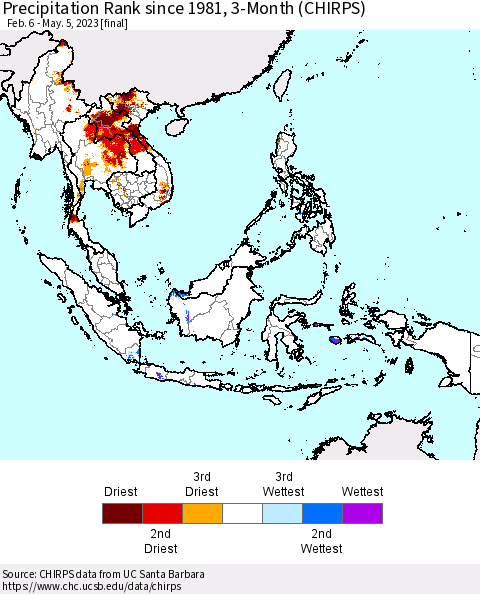 South East Asia Precipitation Rank since 1981, 3-Month (CHIRPS) Thematic Map For 2/6/2023 - 5/5/2023