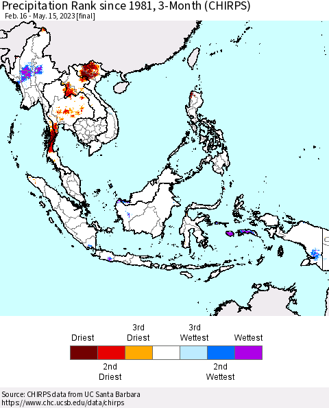 South East Asia Precipitation Rank since 1981, 3-Month (CHIRPS) Thematic Map For 2/16/2023 - 5/15/2023