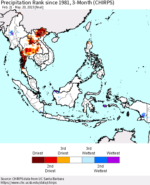 South East Asia Precipitation Rank since 1981, 3-Month (CHIRPS) Thematic Map For 2/21/2023 - 5/20/2023