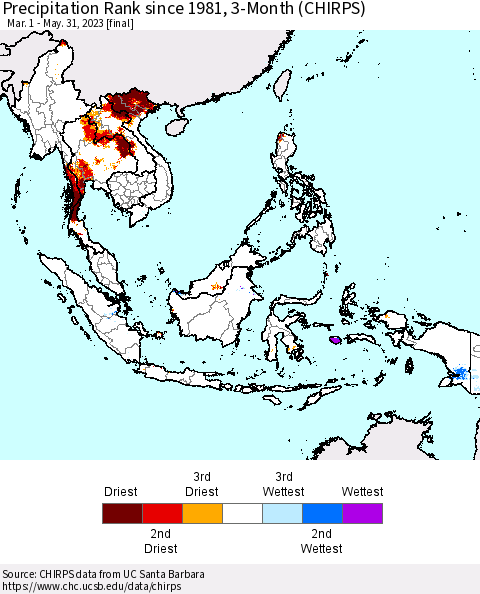 South East Asia Precipitation Rank since 1981, 3-Month (CHIRPS) Thematic Map For 3/1/2023 - 5/31/2023
