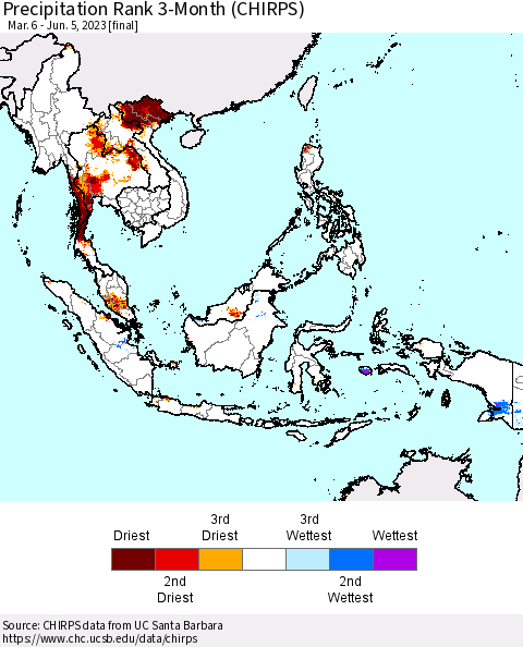 South East Asia Precipitation Rank since 1981, 3-Month (CHIRPS) Thematic Map For 3/6/2023 - 6/5/2023