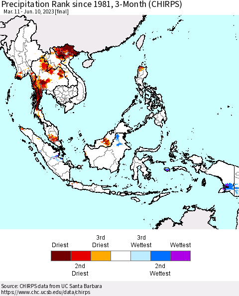 South East Asia Precipitation Rank since 1981, 3-Month (CHIRPS) Thematic Map For 3/11/2023 - 6/10/2023