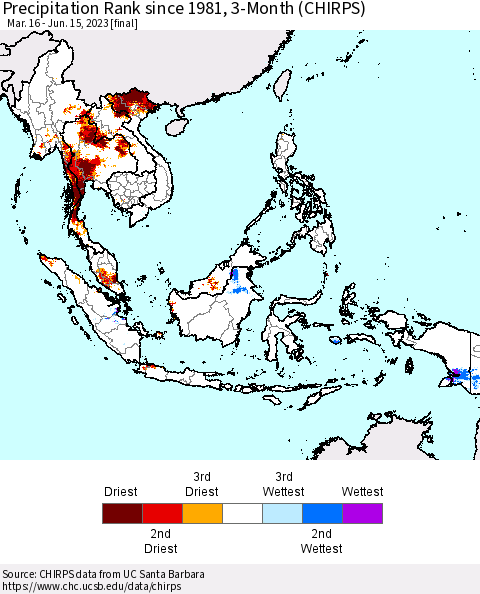 South East Asia Precipitation Rank since 1981, 3-Month (CHIRPS) Thematic Map For 3/16/2023 - 6/15/2023