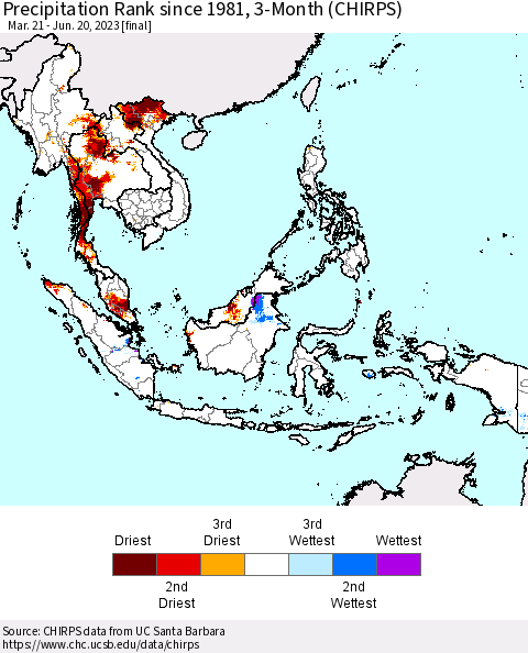 South East Asia Precipitation Rank since 1981, 3-Month (CHIRPS) Thematic Map For 3/21/2023 - 6/20/2023