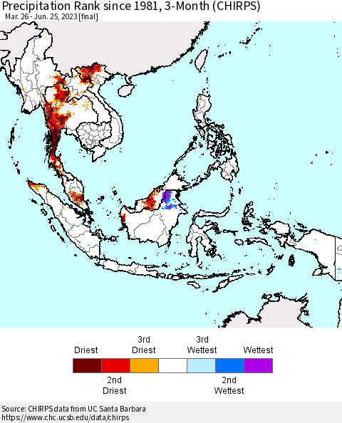 South East Asia Precipitation Rank since 1981, 3-Month (CHIRPS) Thematic Map For 3/26/2023 - 6/25/2023