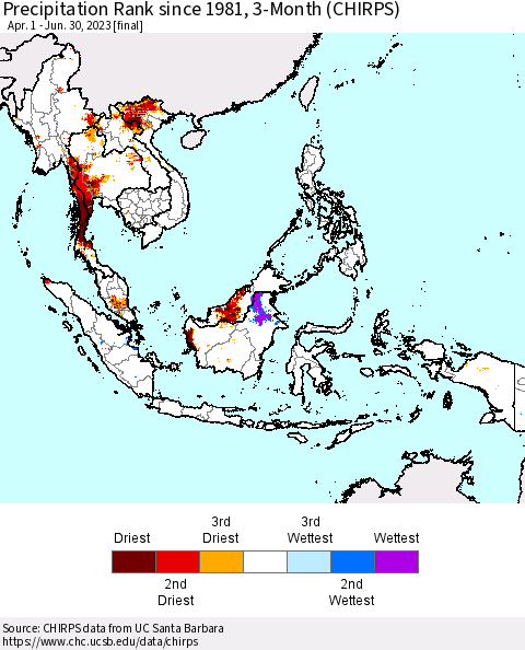 South East Asia Precipitation Rank since 1981, 3-Month (CHIRPS) Thematic Map For 4/1/2023 - 6/30/2023