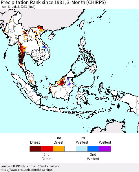 South East Asia Precipitation Rank since 1981, 3-Month (CHIRPS) Thematic Map For 4/6/2023 - 7/5/2023