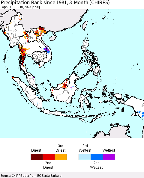 South East Asia Precipitation Rank since 1981, 3-Month (CHIRPS) Thematic Map For 4/11/2023 - 7/10/2023