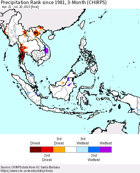 South East Asia Precipitation Rank since 1981, 3-Month (CHIRPS) Thematic Map For 4/21/2023 - 7/20/2023