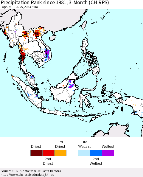 South East Asia Precipitation Rank since 1981, 3-Month (CHIRPS) Thematic Map For 4/26/2023 - 7/25/2023