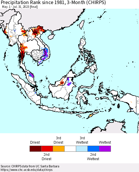 South East Asia Precipitation Rank since 1981, 3-Month (CHIRPS) Thematic Map For 5/1/2023 - 7/31/2023