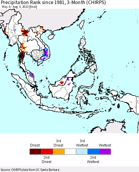 South East Asia Precipitation Rank since 1981, 3-Month (CHIRPS) Thematic Map For 5/6/2023 - 8/5/2023