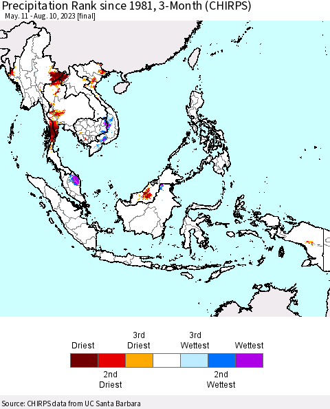South East Asia Precipitation Rank since 1981, 3-Month (CHIRPS) Thematic Map For 5/11/2023 - 8/10/2023