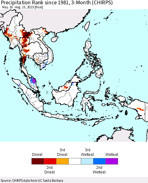 South East Asia Precipitation Rank since 1981, 3-Month (CHIRPS) Thematic Map For 5/16/2023 - 8/15/2023