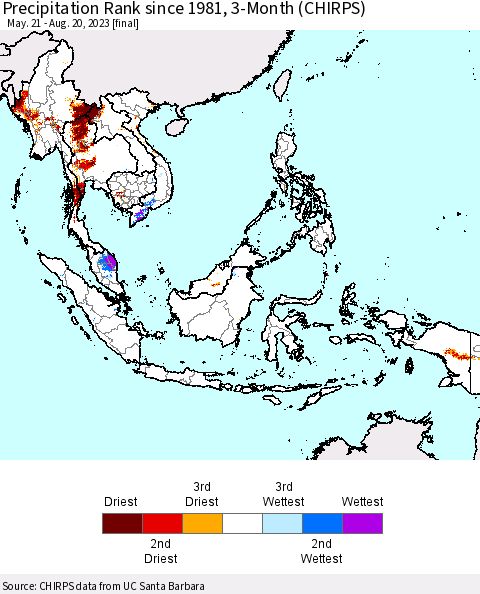 South East Asia Precipitation Rank since 1981, 3-Month (CHIRPS) Thematic Map For 5/21/2023 - 8/20/2023