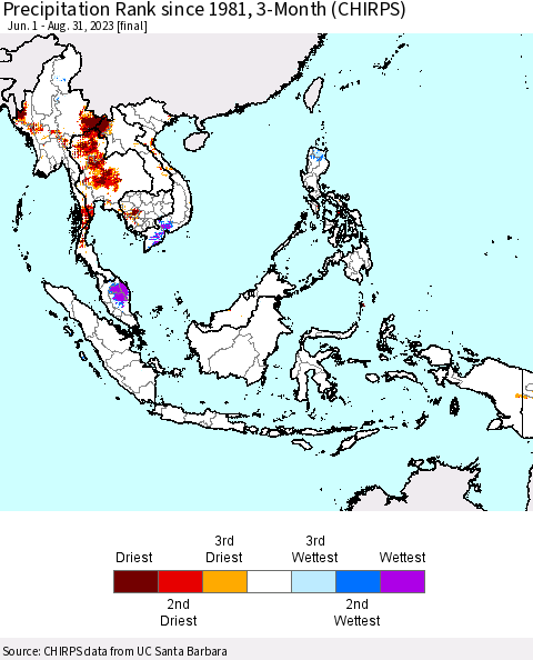 South East Asia Precipitation Rank since 1981, 3-Month (CHIRPS) Thematic Map For 6/1/2023 - 8/31/2023
