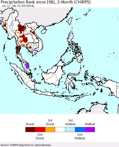 South East Asia Precipitation Rank since 1981, 3-Month (CHIRPS) Thematic Map For 6/11/2023 - 9/10/2023