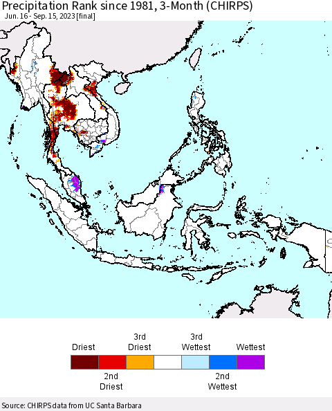 South East Asia Precipitation Rank since 1981, 3-Month (CHIRPS) Thematic Map For 6/16/2023 - 9/15/2023
