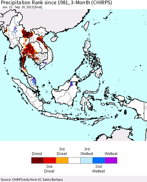 South East Asia Precipitation Rank since 1981, 3-Month (CHIRPS) Thematic Map For 6/21/2023 - 9/20/2023