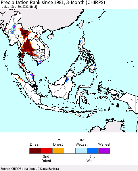 South East Asia Precipitation Rank since 1981, 3-Month (CHIRPS) Thematic Map For 7/1/2023 - 9/30/2023