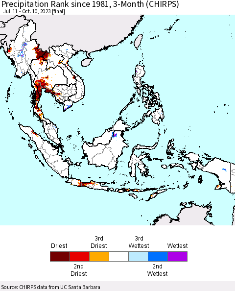 South East Asia Precipitation Rank since 1981, 3-Month (CHIRPS) Thematic Map For 7/11/2023 - 10/10/2023