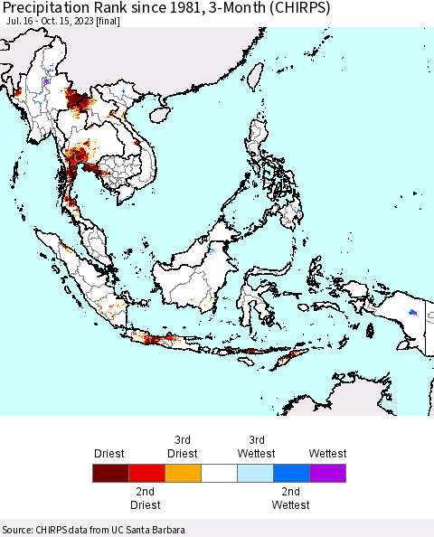 South East Asia Precipitation Rank since 1981, 3-Month (CHIRPS) Thematic Map For 7/16/2023 - 10/15/2023