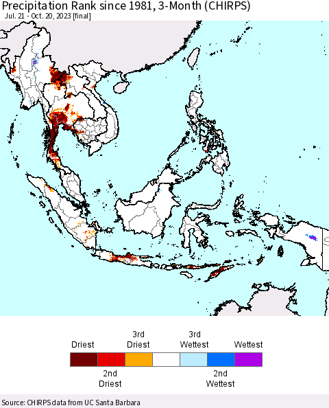 South East Asia Precipitation Rank since 1981, 3-Month (CHIRPS) Thematic Map For 7/21/2023 - 10/20/2023