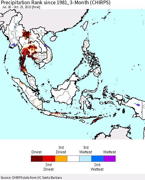 South East Asia Precipitation Rank since 1981, 3-Month (CHIRPS) Thematic Map For 7/26/2023 - 10/25/2023