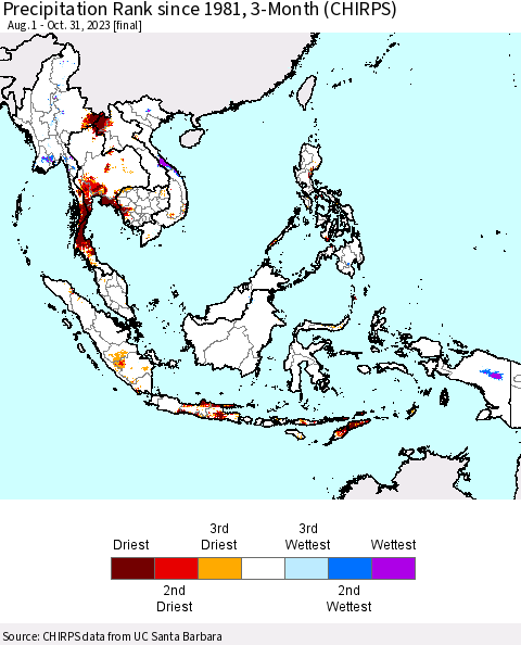 South East Asia Precipitation Rank since 1981, 3-Month (CHIRPS) Thematic Map For 8/1/2023 - 10/31/2023