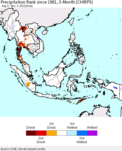 South East Asia Precipitation Rank since 1981, 3-Month (CHIRPS) Thematic Map For 8/6/2023 - 11/5/2023