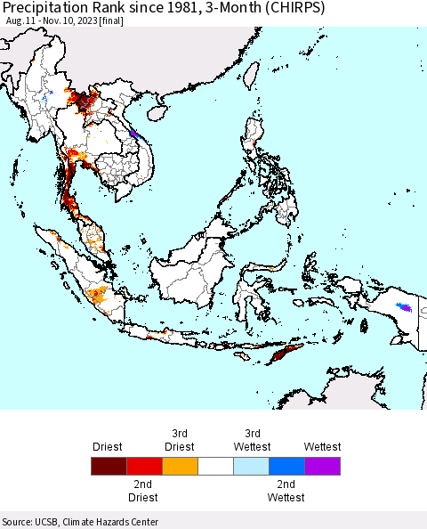 South East Asia Precipitation Rank since 1981, 3-Month (CHIRPS) Thematic Map For 8/11/2023 - 11/10/2023