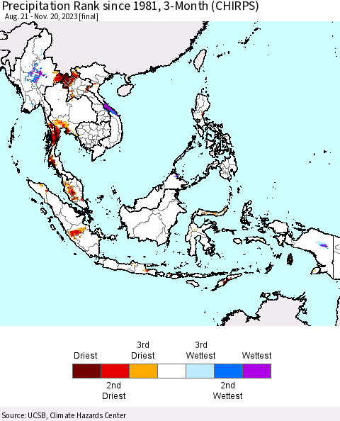 South East Asia Precipitation Rank since 1981, 3-Month (CHIRPS) Thematic Map For 8/21/2023 - 11/20/2023