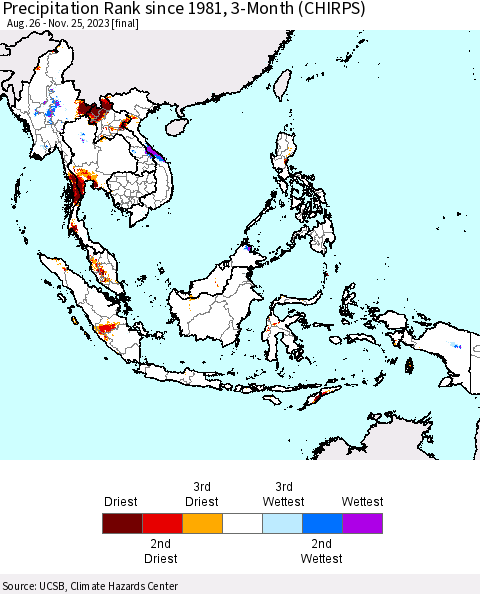South East Asia Precipitation Rank since 1981, 3-Month (CHIRPS) Thematic Map For 8/26/2023 - 11/25/2023