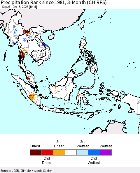 South East Asia Precipitation Rank since 1981, 3-Month (CHIRPS) Thematic Map For 9/6/2023 - 12/5/2023