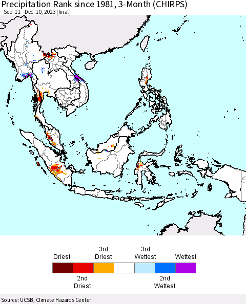 South East Asia Precipitation Rank since 1981, 3-Month (CHIRPS) Thematic Map For 9/11/2023 - 12/10/2023