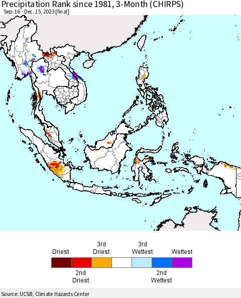 South East Asia Precipitation Rank since 1981, 3-Month (CHIRPS) Thematic Map For 9/16/2023 - 12/15/2023