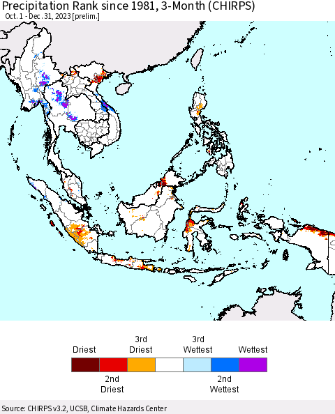South East Asia Precipitation Rank since 1981, 3-Month (CHIRPS) Thematic Map For 10/1/2023 - 12/31/2023