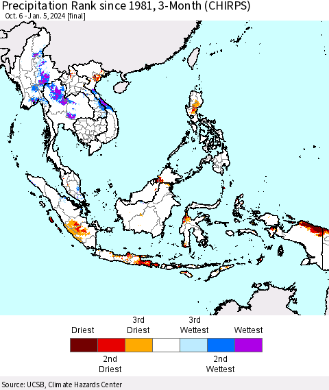 South East Asia Precipitation Rank since 1981, 3-Month (CHIRPS) Thematic Map For 10/6/2023 - 1/5/2024